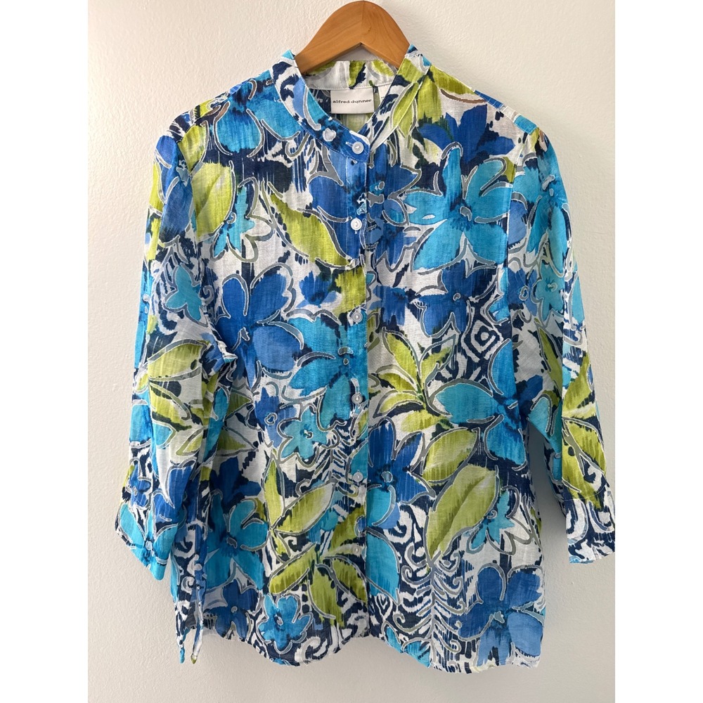 Alfred Dunner Shirt Jacket Size 16 Blue and Green Floral Coastal Beach Vacation